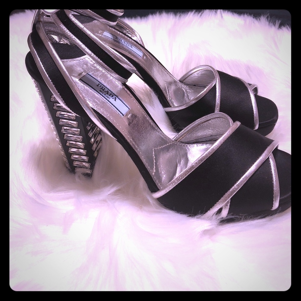 Prada Chunky Crystal Heels 38.5 Black & Silver